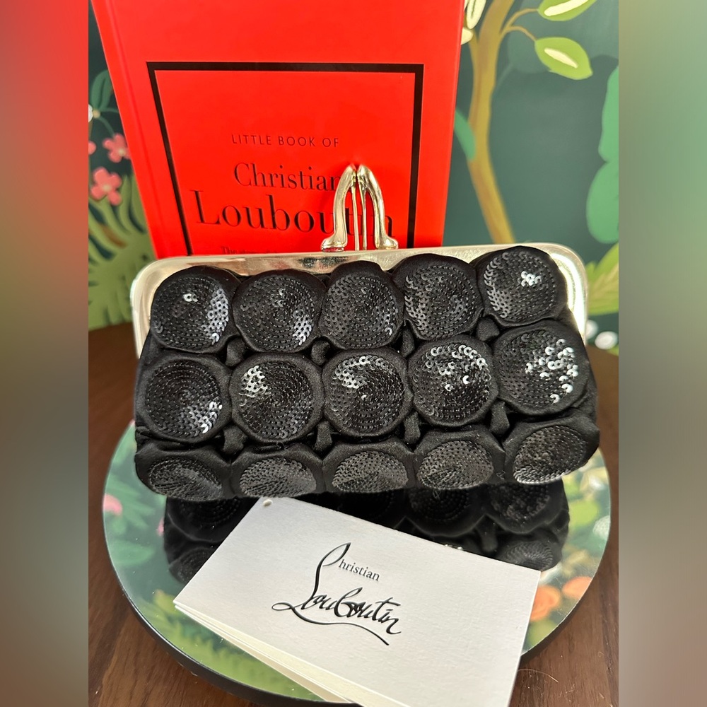SOLD 🏆Christian Louboutin Carillon Black Satin & SequinedKisslock Clutch 💃🩷♥️ - Picture 11 of 11
